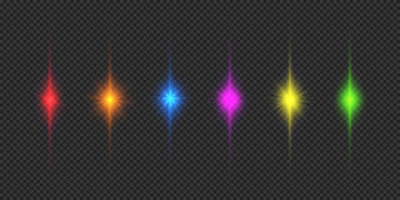 Light effect of lens flares. Six multicolor glowing light starburst effects with sparkles on a gray transparent background. Vector illustrationのイラスト素材