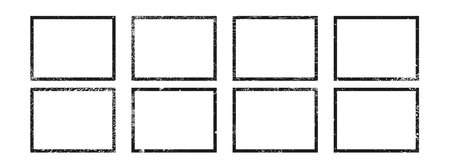 Set of grunge borders in rectangle form. Collection of eight dark textured frames with empty space on white background. Vector illustrationのイラスト素材