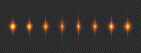 Light effect of lens flares. Eight orange glowing light starburst effects with sparkles on a gray transparent background. Vector illustrationのイラスト素材