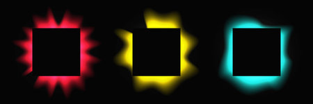 Set of square illuminated frames with gradient. Three multicolor neon banners isolated on black background. Vector illustrationのイラスト素材
