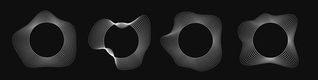 Set of four round curved frames with dynamic wavy stripes. Collection of white wavy circles on a black background. Design element. Vector illustrationのイラスト素材