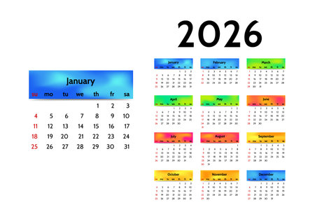 Calendar for 2026 isolated on a white background. Sunday to Monday, business template. Vector illustrationのイラスト素材