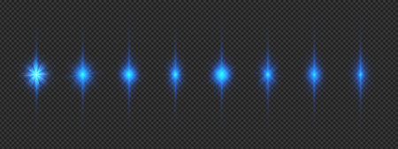 Light effect of lens flares. Eight blue glowing light starburst effects with sparkles on a gray transparent background. Vector illustrationのイラスト素材