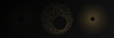 Abstract gold glowing halftone dotted background. Set of three gold glitter patterns in circle form. Circle halftone dots. Vector illustrationのイラスト素材