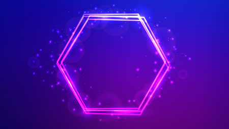 Neon hexagon frame with shining effects and sparkles on blue background. Empty glowing techno backdrop. Vector illustrationのイラスト素材