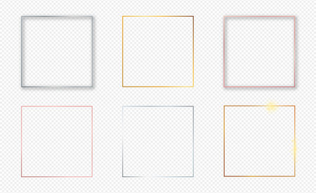 Set of six gold, silver and rose gold glowing square frames isolated on transparent background. Shiny frame with glowing effects. Vector illustrationのイラスト素材