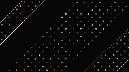Luxurious dark background with abstract golden lines and glittering dots. Gold halftone backdrop with shimmering sparkles. A stylish and elegant design for modern templates. Vector illustrationのイラスト素材