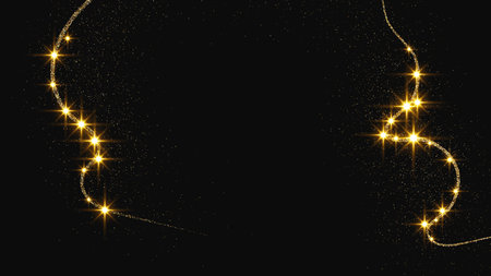 Gold glittering confetti wave and stardust. Backdrop with golden magical sparkles on dark background. Vector illustrationのイラスト素材