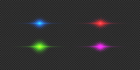 Light effect of lens flares. Four multicolor horizontal glowing light starburst effects with sparkles on a gray transparent background. Vector illustrationのイラスト素材