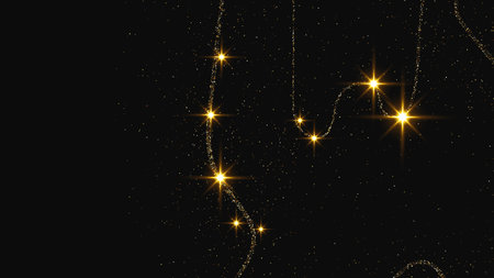Gold glittering confetti wave and stardust. Backdrop with golden magical sparkles on dark background. Vector illustrationのイラスト素材