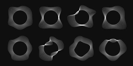 Set of eight round curved frames with dynamic wavy stripes. Collection of white wavy circles on a black background. Design element. Vector illustrationのイラスト素材