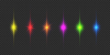Light effect of lens flares. Six multicolor glowing light starburst effects with sparkles on a gray transparent background. Vector illustrationのイラスト素材