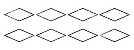 Set of grunge borders in rhombus form. Collection of eight dark textured frames with empty space on white background. Vector illustrationのイラスト素材