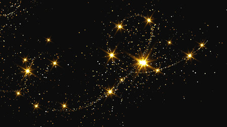Gold glittering confetti wave and stardust. Backdrop with golden magical sparkles on dark background. Vector illustrationのイラスト素材