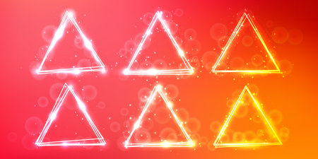 Set of neon triangular frames with shining effects and sparkles on orange background. Empty glowing techno backdrop. Vector illustrationのイラスト素材