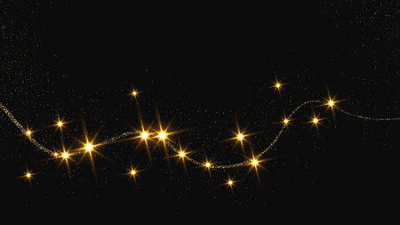 Gold glittering confetti wave and stardust. Backdrop with golden magical sparkles on dark background. Vector illustrationのイラスト素材