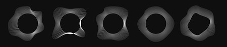 Set of five round curved frames with dynamic wavy stripes. Collection of white wavy circles on a black background. Design element. Vector illustrationのイラスト素材