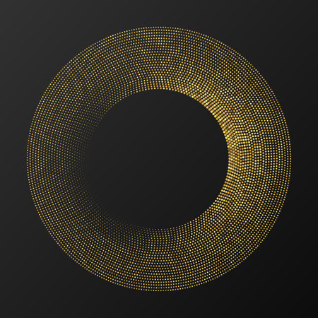 Abstract gold glowing halftone dotted background. Gold glitter pattern in circle form. Circle halftone dots. Vector illustrationのイラスト素材