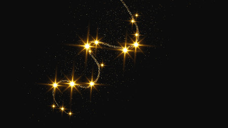 Gold glittering confetti wave and stardust. Backdrop with golden magical sparkles on dark background. Vector illustrationのイラスト素材