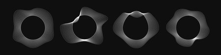 Set of four round curved frames with dynamic wavy stripes. Collection of white wavy circles on a black background. Design element. Vector illustrationのイラスト素材