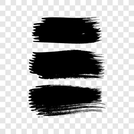 Set of three black brush strokes. Hand drawn ink spots isolated on transparent background. Vector illustrationのイラスト素材