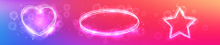 Set of three neon frames with shining effects and sparkles on purple background. Empty glowing techno backdrop. Vector illustrationのイラスト素材
