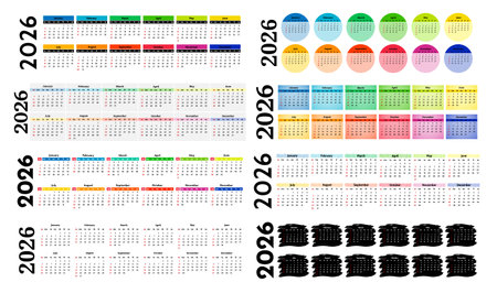 Set of eight horizontal calendars for 2026 isolated on a white background. Sunday to Monday, business template. Vector illustrationのイラスト素材