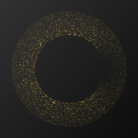 Abstract gold glowing halftone dotted background. Gold glitter pattern in circle form. Circle halftone dots. Vector illustrationのイラスト素材
