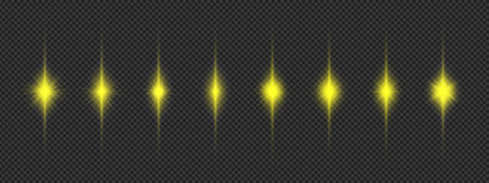 Light effect of lens flares. Eight yellow glowing light starburst effects with sparkles on a gray transparent background. Vector illustrationのイラスト素材