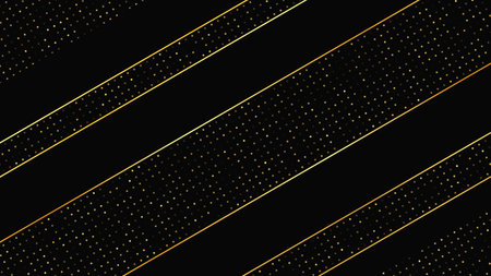 Luxurious dark background with abstract golden lines and glittering dots. Gold halftone backdrop with shimmering sparkles. A stylish and elegant design for modern templates. Vector illustrationのイラスト素材