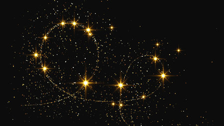Gold glittering confetti wave and stardust. Backdrop with golden magical sparkles on dark background. Vector illustrationのイラスト素材