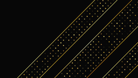 Luxurious dark background with abstract golden lines and glittering dots. Gold halftone backdrop with shimmering sparkles. A stylish and elegant design for modern templates. Vector illustrationのイラスト素材