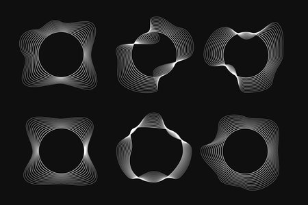 Set of six round curved frames with dynamic wavy stripes. Collection of white wavy circles on a black background. Design element. Vector illustrationのイラスト素材