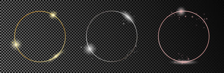 Set of three gold, silver and rose gold glowing circle frames isolated on dark transparent background. Shiny frame with glowing effects. Vector illustrationのイラスト素材