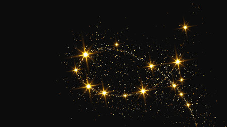 Gold glittering confetti wave and stardust. Backdrop with golden magical sparkles on dark background. Vector illustrationのイラスト素材