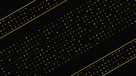 Luxurious dark background with abstract golden lines and glittering dots. Gold halftone backdrop with shimmering sparkles. A stylish and elegant design for modern templates. Vector illustrationのイラスト素材