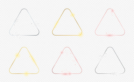 Set of six gold, silver and rose gold glowing rounded rhombus frames isolated on transparent background. Shiny frame with glowing effects. Vector illustrationのイラスト素材