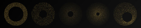 Abstract gold glowing halftone dotted background. Set of five gold glitter patterns in circle form. Circle halftone dots. Vector illustrationのイラスト素材