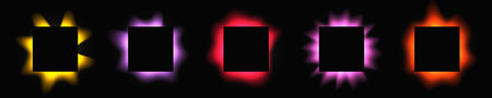 Set of square illuminated frames with gradient. Five multicolor neon banners isolated on black background. Vector illustrationのイラスト素材