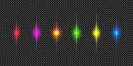 Light effect of lens flares. Six multicolor glowing light starburst effects with sparkles on a gray transparent background. Vector illustrationのイラスト素材
