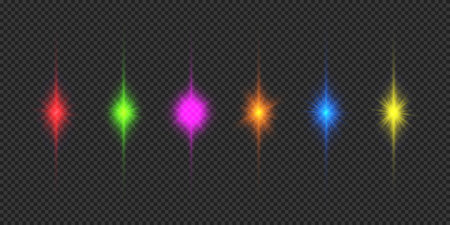 Light effect of lens flares. Six multicolor glowing light starburst effects with sparkles on a gray transparent background. Vector illustrationのイラスト素材