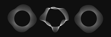 Set of three round curved frames with dynamic wavy stripes. Collection of white wavy circles on a black background. Design element. Vector illustrationのイラスト素材