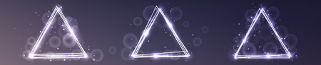 Set of three neon triangular frames with shining effects and sparkles on dark background. Empty glowing techno backdrop. Vector illustrationのイラスト素材