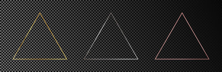 Set of three gold, silver and rose gold glowing triangle frames isolated on dark transparent background. Shiny frame with glowing effects. Vector illustrationのイラスト素材