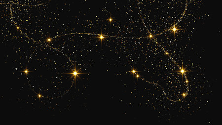 Gold glittering confetti wave and stardust. Backdrop with golden magical sparkles on dark background. Vector illustrationのイラスト素材