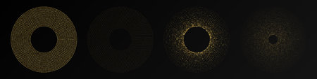Abstract gold glowing halftone dotted background. Set of four gold glitter patterns in circle form. Circle halftone dots. Vector illustrationのイラスト素材