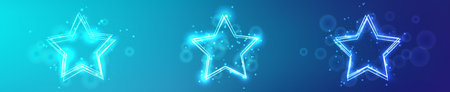 Set of three neon frames in star form with shining effects and sparkles on blue background. Empty glowing techno backdrop. Vector illustrationのイラスト素材