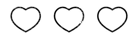 Set of grunge borders in heart form. Collection of three dark textured frames with empty space on white background. Vector illustrationのイラスト素材