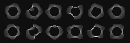Set of round curved frames with dynamic wavy stripes. Collection of white wavy circles on a black background. Design element. Vector illustrationのイラスト素材