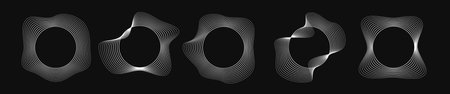 Set of five round curved frames with dynamic wavy stripes. Collection of white wavy circles on a black background. Design element. Vector illustrationのイラスト素材